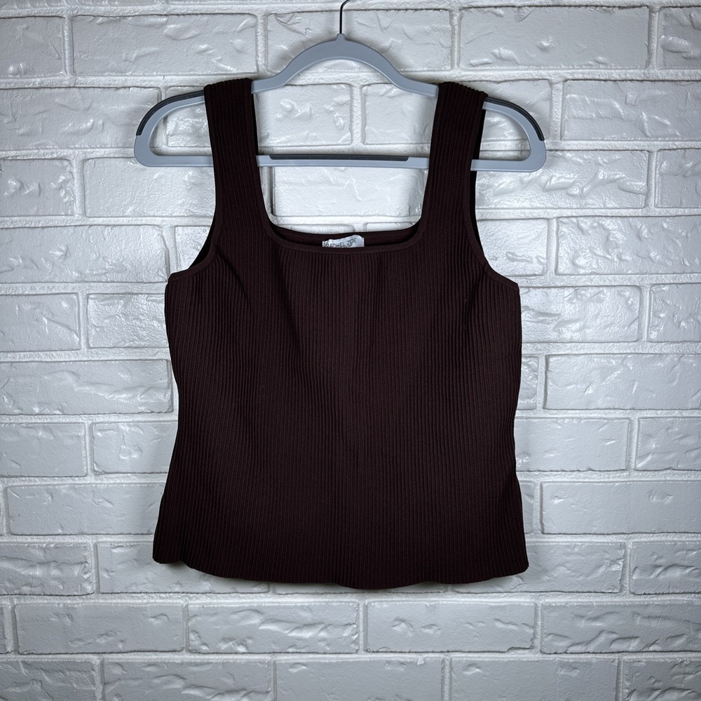 Rachel Zoe XL Womens Top Tank Sleeveless Brown Ribbed Stretch Square Neck